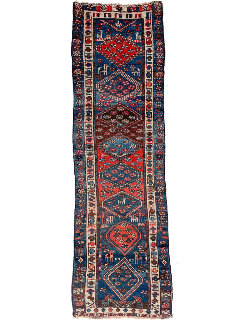 NAUTICAL Antique Runner with Charming Protective Animals | Wild Blues & Rusty Persimmon | 3.2 x 10.7