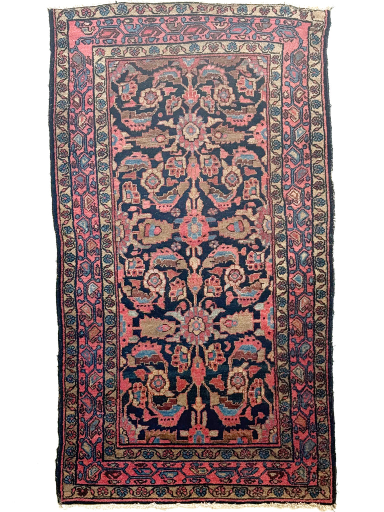 BOTANICAL Arabesque Vines Dancing Around | Antique Sarouk with Navy, Pink, Camel | 3.5 x 6.2