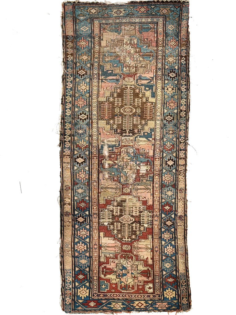 INSANELY OLD and Beautiful Antique Kurdish Runner with Large Elephant Foot Prints | Coral, Taupe, Smokey Charcoal | 3.5 x 8.4