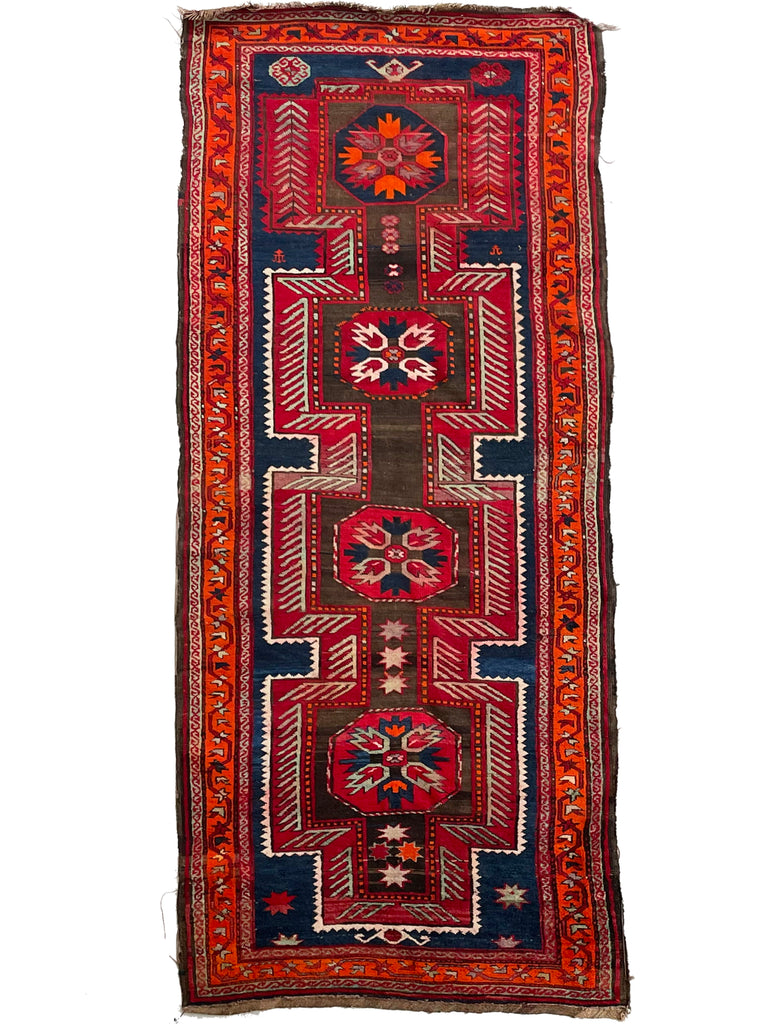 SOLD | Beautiful Vintage Tribal Runner | Tangerine, Espresso, Indigo, Rust | ~ 3.9 x 9.9