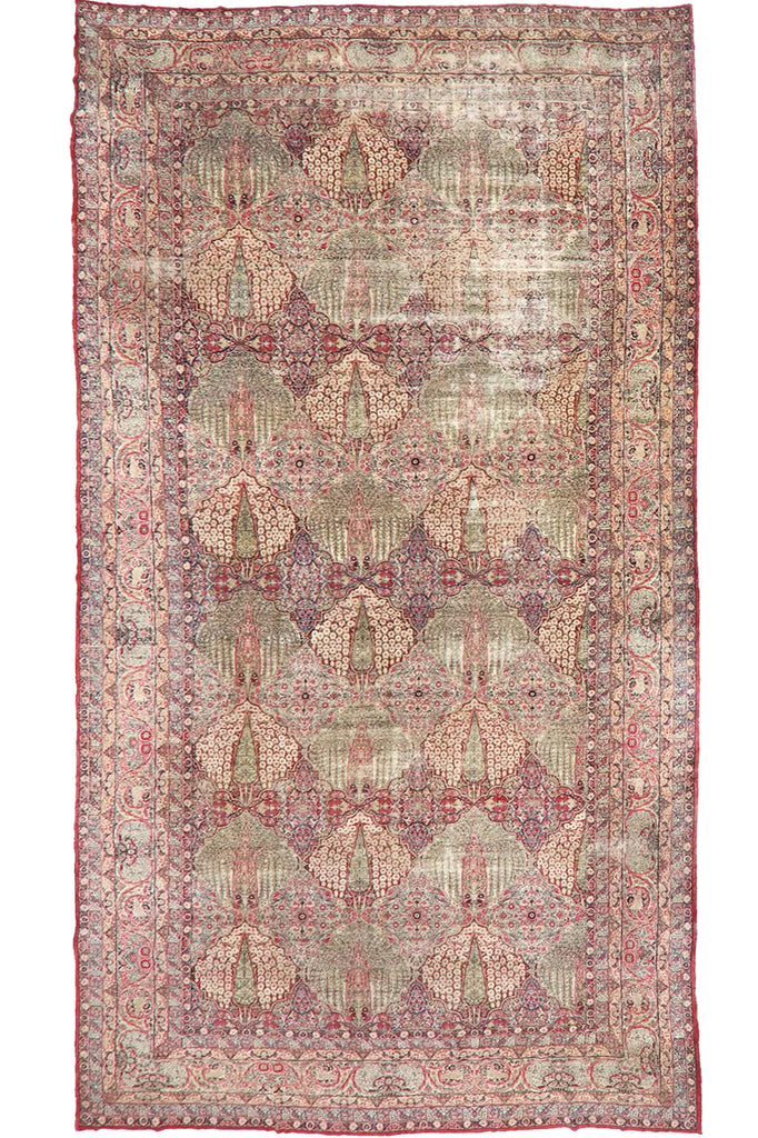 SENSATIONAL PALATIAL Antique Kerman Lavar | Really Special Cypress & Bird Motifs inside a Persian Garden Lattice Shaped Cartouche-like Diamonds Motifs| ~ 11.4 x 22