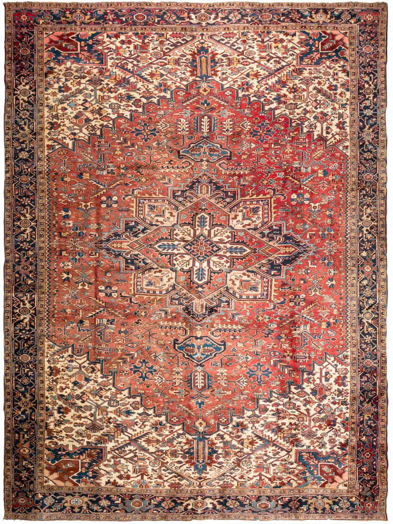 TWO-TONED PALACE Size Vintage Northwest Tribal Heriz | Sun-Kissed with Reds, Softer Rusty Clays, with Fantastic Blues & Salmon | 12 x 17.7