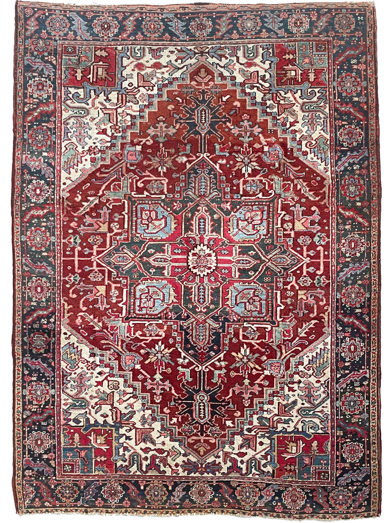 RARE-SIZED Antique Heriz Rug | Strawberry-Cherry, Clay, Indigo, Greens | 6.4 x 9