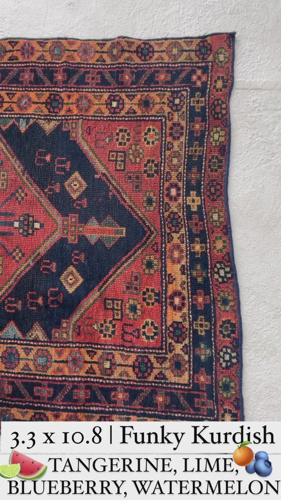 Funky Boho Vintage Kurdish Runner with DAZZLING Colors; Lime Green, Tangerine, Watermelon, Blueberry & Indigo | 3.2 x 10.10