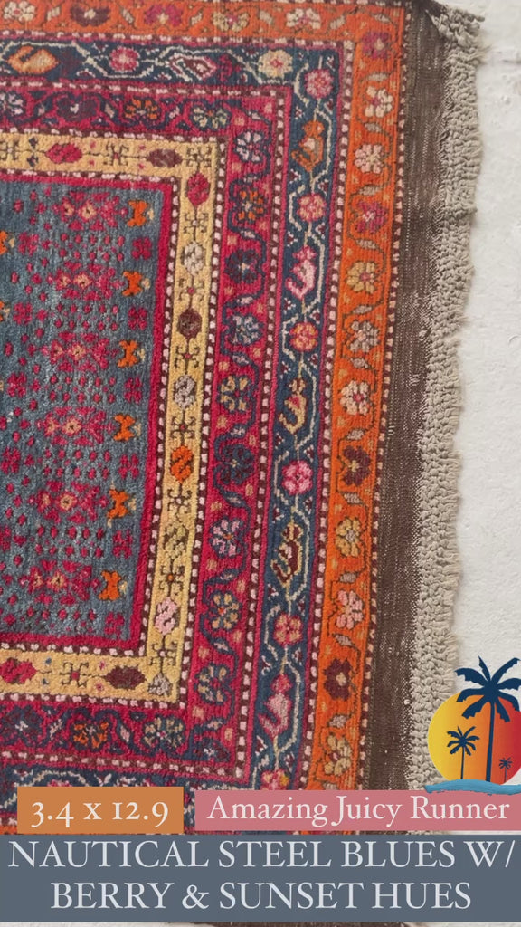 SOLD | MAGNIFICENT Vintage Runner with Lush Wool filled with Glacier Steel Blues & Sunset Hues | 3.4 x 12.9