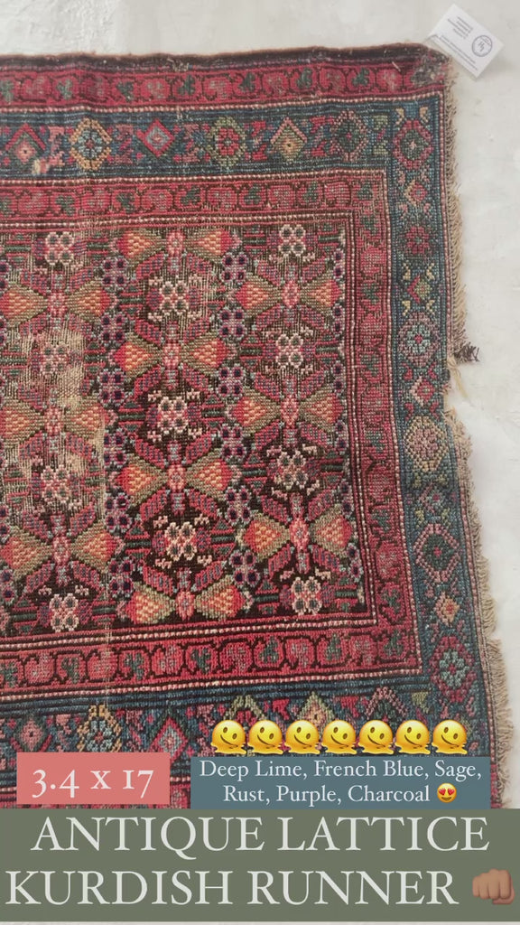 SOLD | LONG 17 FOOT Stunner | Antique Lattice Design Throughout with Amazing Greens | 3.4 x 17
