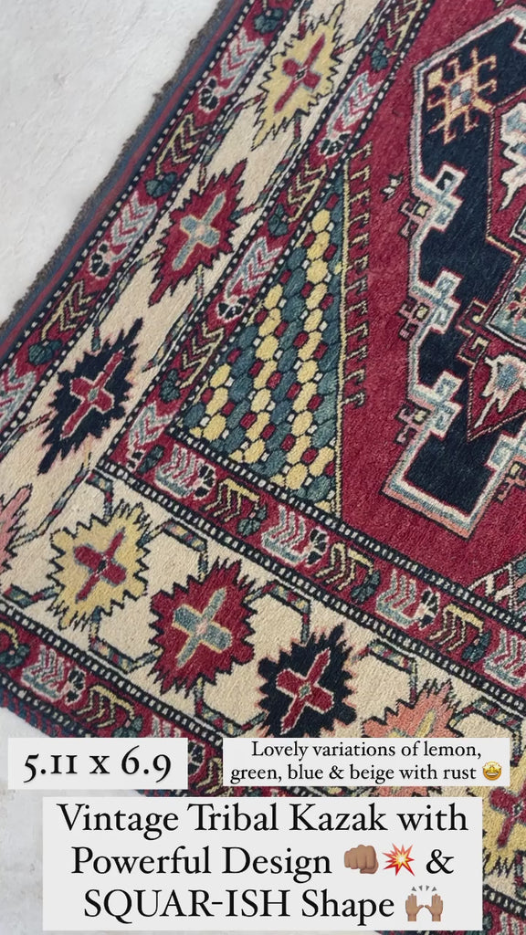 Unique SQUARE-ish Vintage Tribal Rug | Iconic Kazak Medallions with Lovely Greens & Yellows | ~ 6 x 6.9