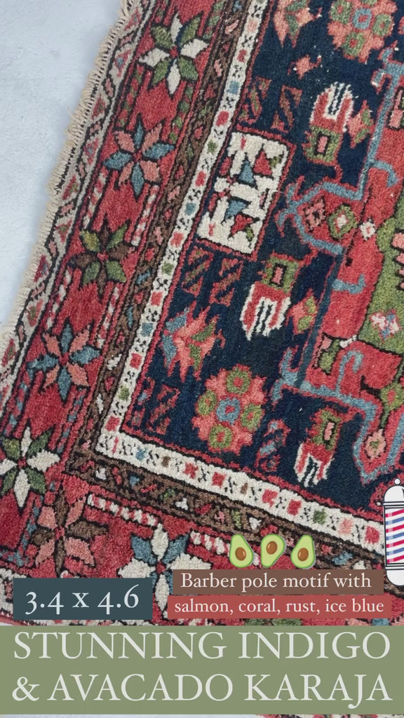 SOLD | MOODY Indigo & Avocado Antique Karaja | Super Fine Weave | 3.4 x 4.6