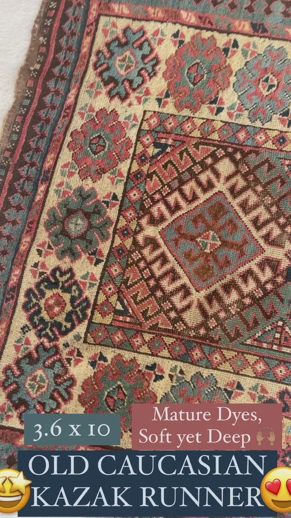 SOLD | FANTASTIC Antique Kazak Runner | Tribal Beauty with Mature Dyes & Iconic Design | 3.6 x 10
