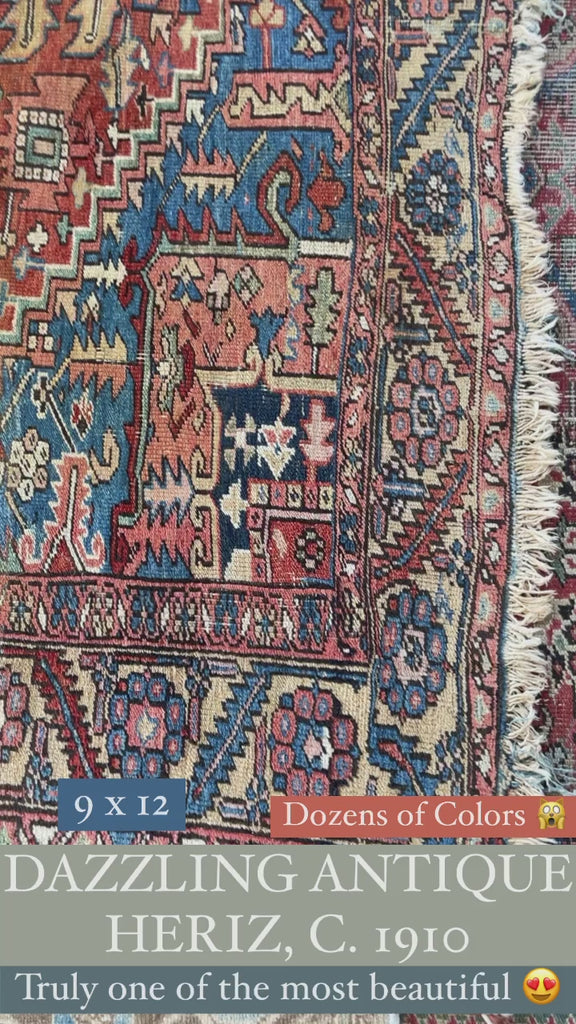 BEING RESTORED - WILL BE AVAILABLE IN 2024*** ECLECTIC & Funky Antique Heriz Rug | Fantastic Personality & Colors, C. 1910-20's | 9 x 12