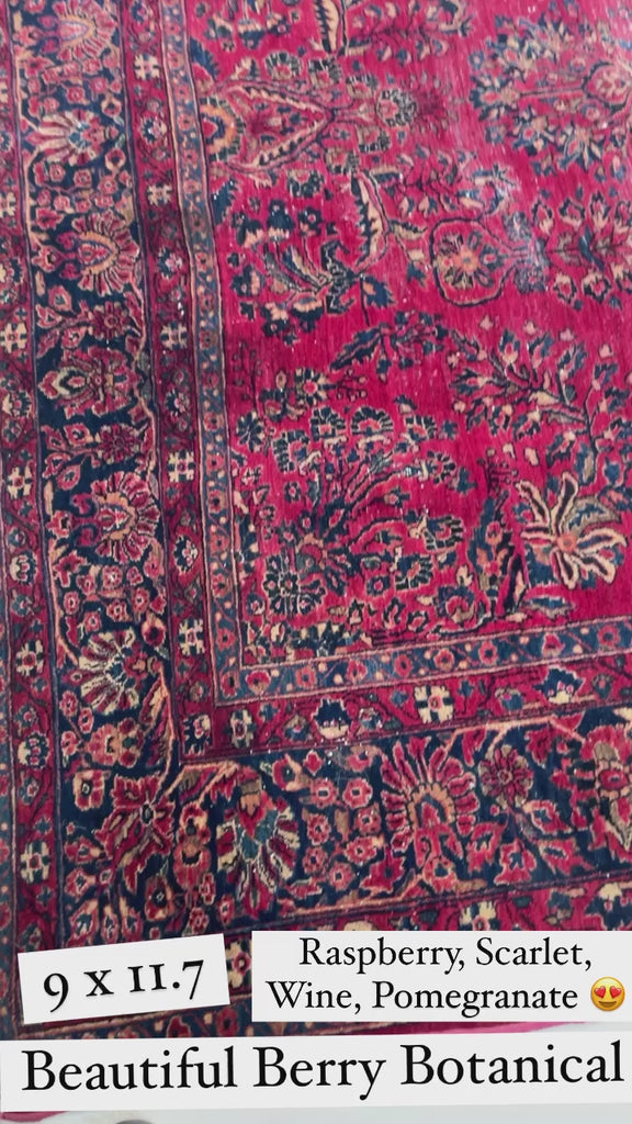 LOVELY Botanical Distressed Antique Persian Sarouk | Berry, Pomegranate, Sangria & more | 9 x 11.7
