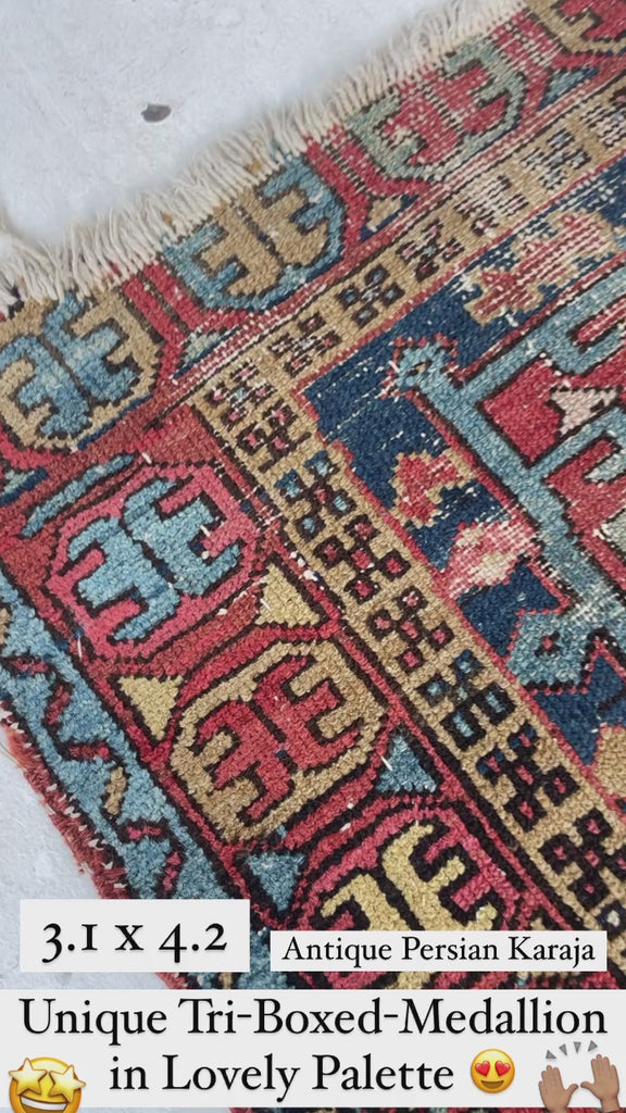 FUNKY Boxed Tri-Medallion Antique Persian Northwest Karaja | Lovely Muted Dyes | 3.1 x 4.2