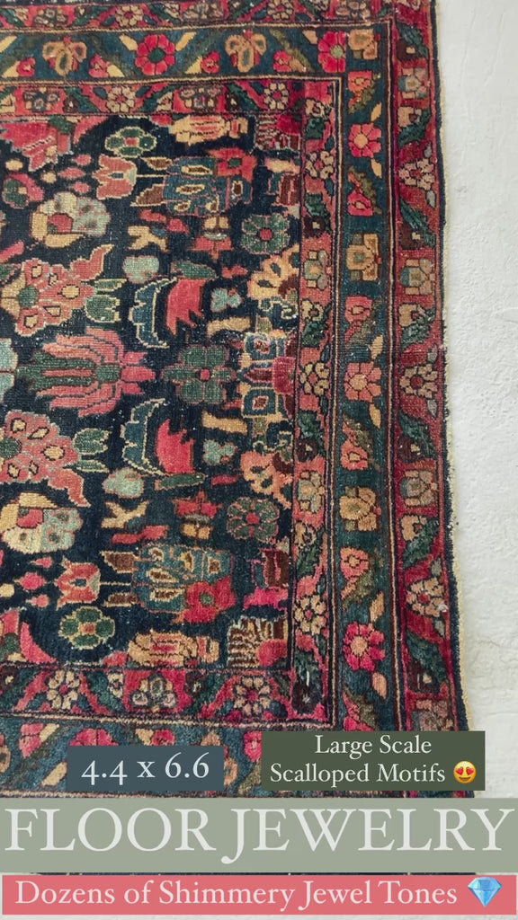 BRILLIANT FLOOR JEWELRY Antique Persian Rug | Amazing Dyes Large Scalloped Flora | 4.4 x 6.6