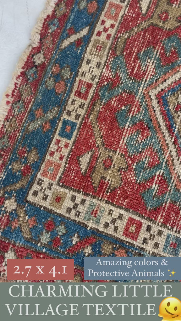 SOLD | CHARMING Antique Village Karaja Rug/Fragment | Mystical Protective Animals | 2.7 x 4.1
