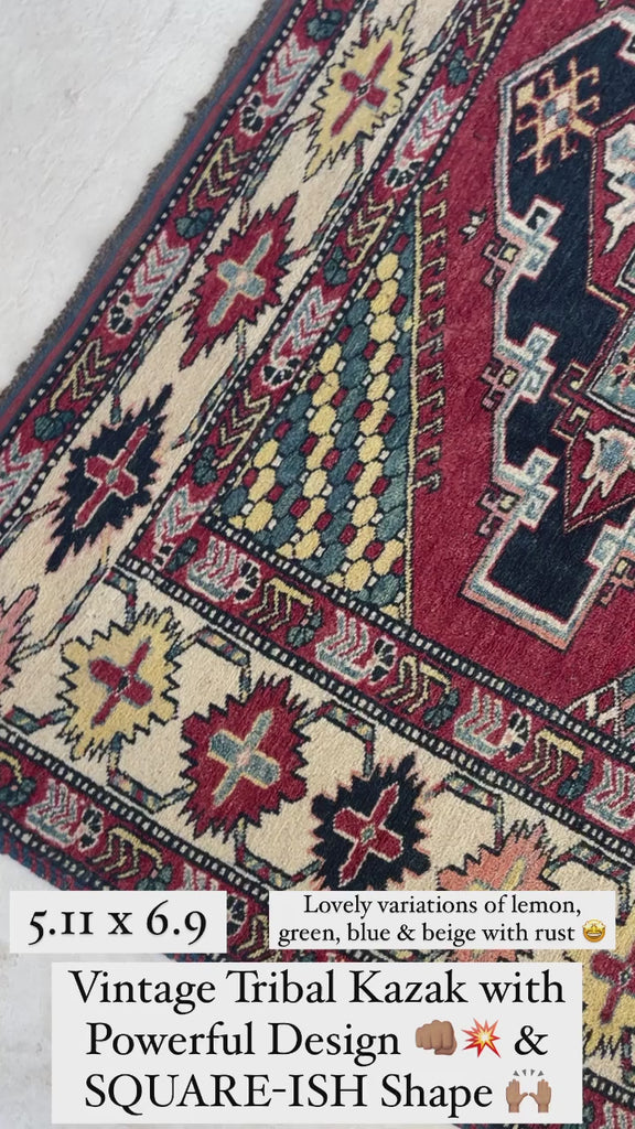 Unique SQUARE-ish Vintage Tribal Rug | Iconic Kazak Medallions with Lovely Greens & Yellows | ~ 6 x 6.9