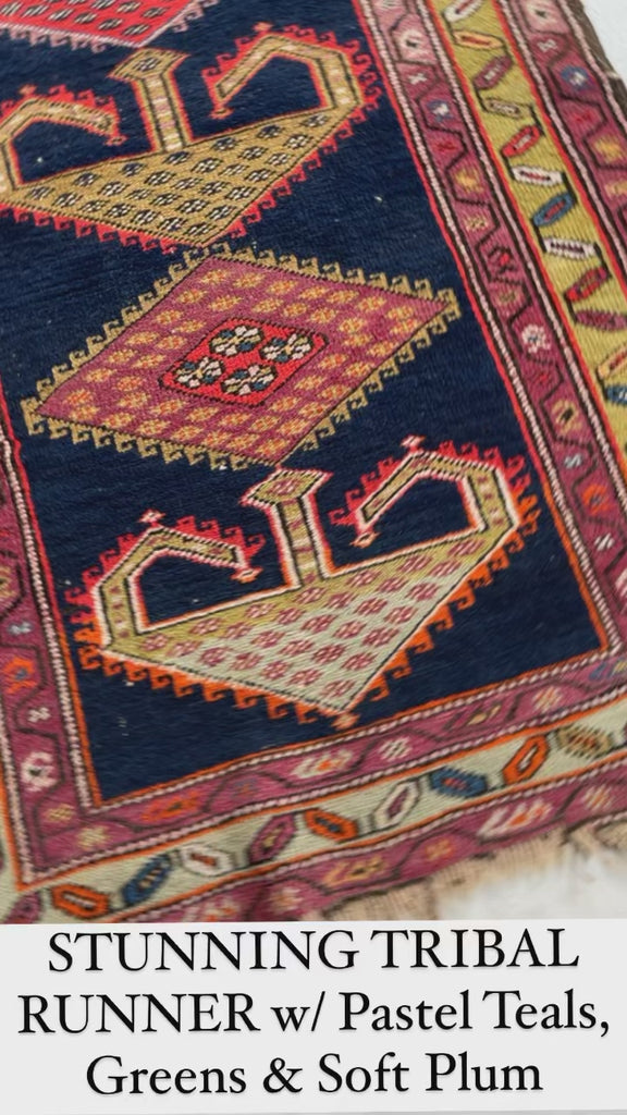 Artistic DRAGON Geometric Tribal Runnner with Indigo, Pastel Teals, Plums & Pistachio Greens | 3.9 x 14.2