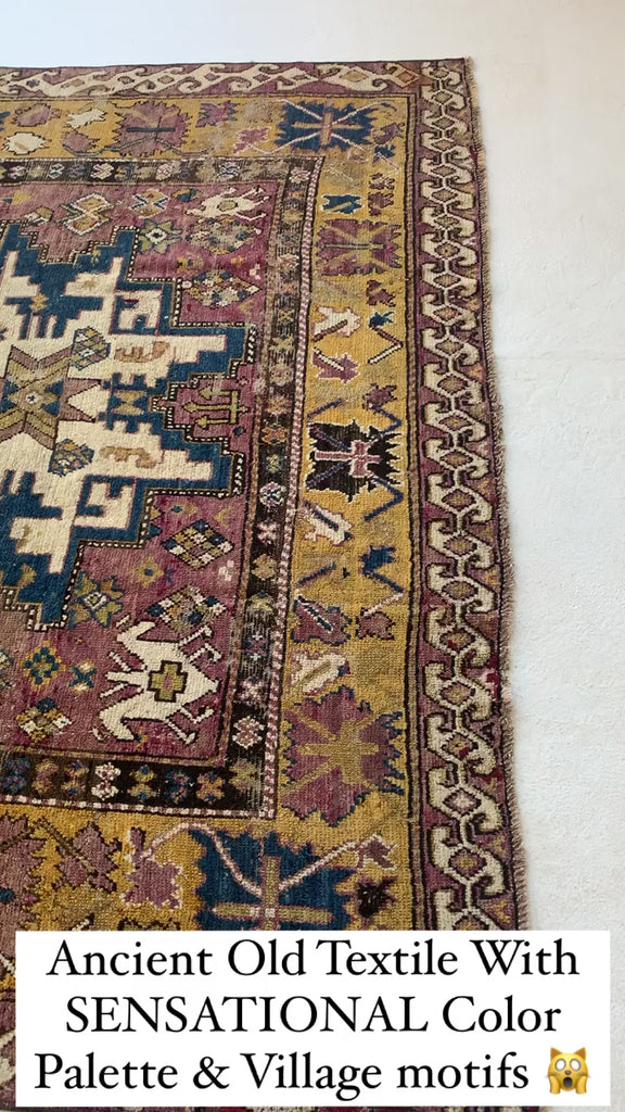 UNBELIEVABLE  Antique Karabagh Textile | RARE Room Size Leshgi Star with Lavender, Sunflower Yellows, & Blues, WOW ~ 6.9 x 10.9