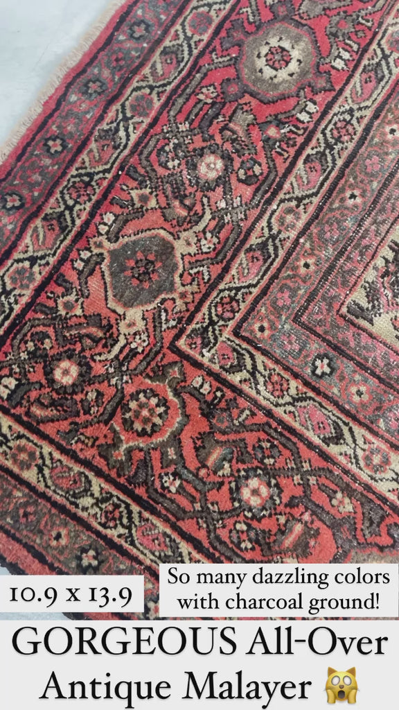 GORGEOUS Large & Muted Antique Persian Kurd-Malayer | Charcoal, Purple, Taupe, Grey, Moss, Rust, More | ~ 11 x 14
