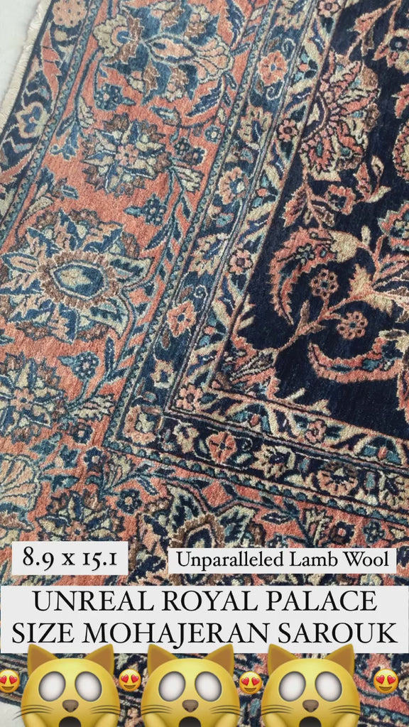 MASTERFUL Palace Size ROYAL MOHAJERAN SAROUK with Peacocks,  Butterflies, Cacoons, & Zoroastrian Flames  | ~ 9 x 15.1