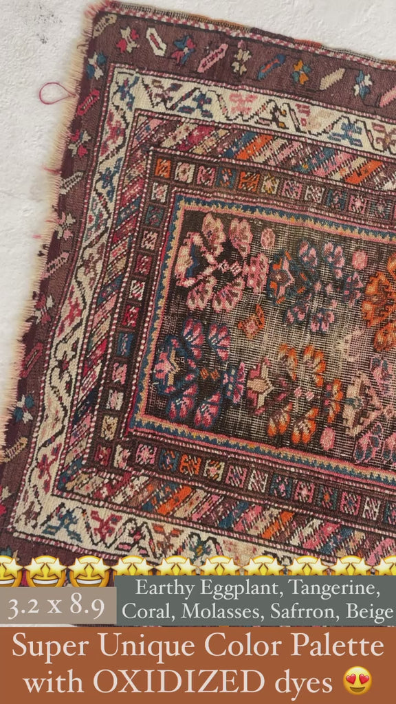LOVELY Antique Kurdish Runner with Oxidized Browns, Pinks, Tangerine & More | 3.2 x 8.9