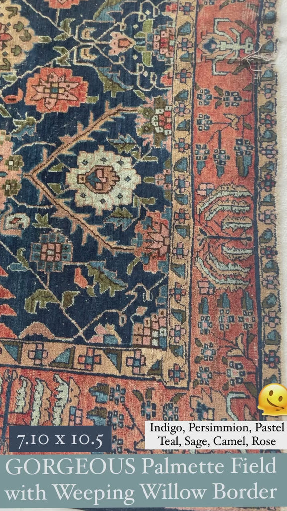 SOLD | DIVINE Palmette & Willow Tree Antique Central Persian Carpet | DeVOL Green, Indigo, Coral-Blush, Army & Sage Green, Pastel, Blue, Wheat, etc | 7.10 x 10.4
