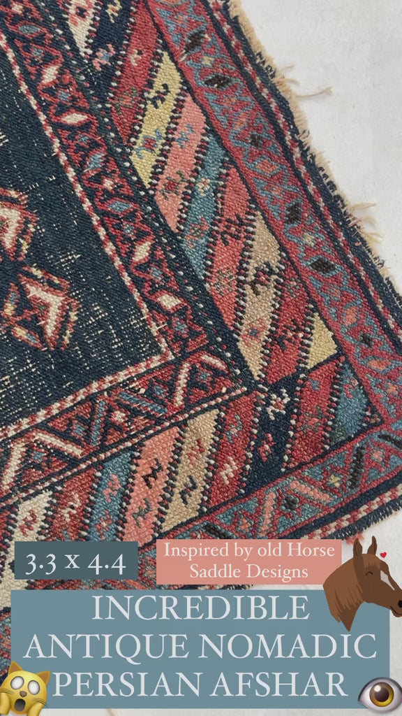 SOLD | STUNNING Moody Antique Afshar Inspired by Horse Saddle Designs | HORSE LOVER'S RUG | 3.3 x 4.4