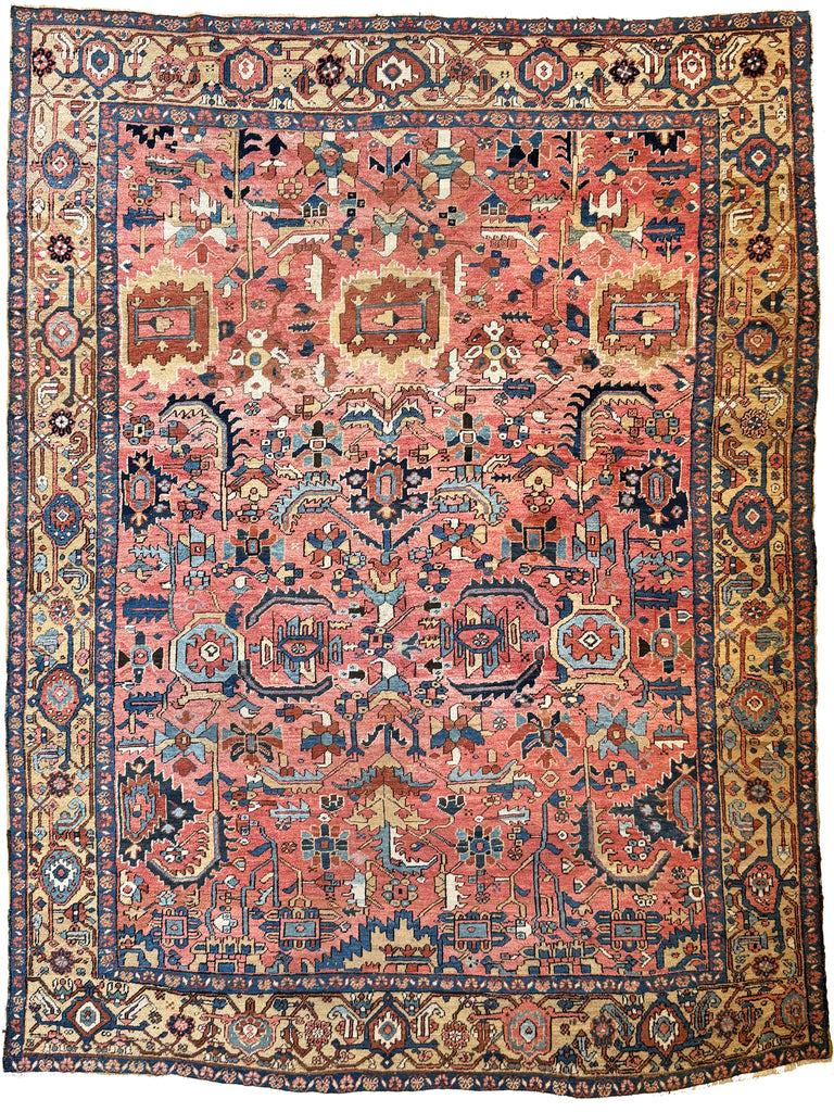 WORLD CLASS Mint Condition Antique Heriz Village Carpet | Rare Camel Border with Coral Ground in Naive Harshang Design with Sickle Leaf Motif | 9.4 x 11.4