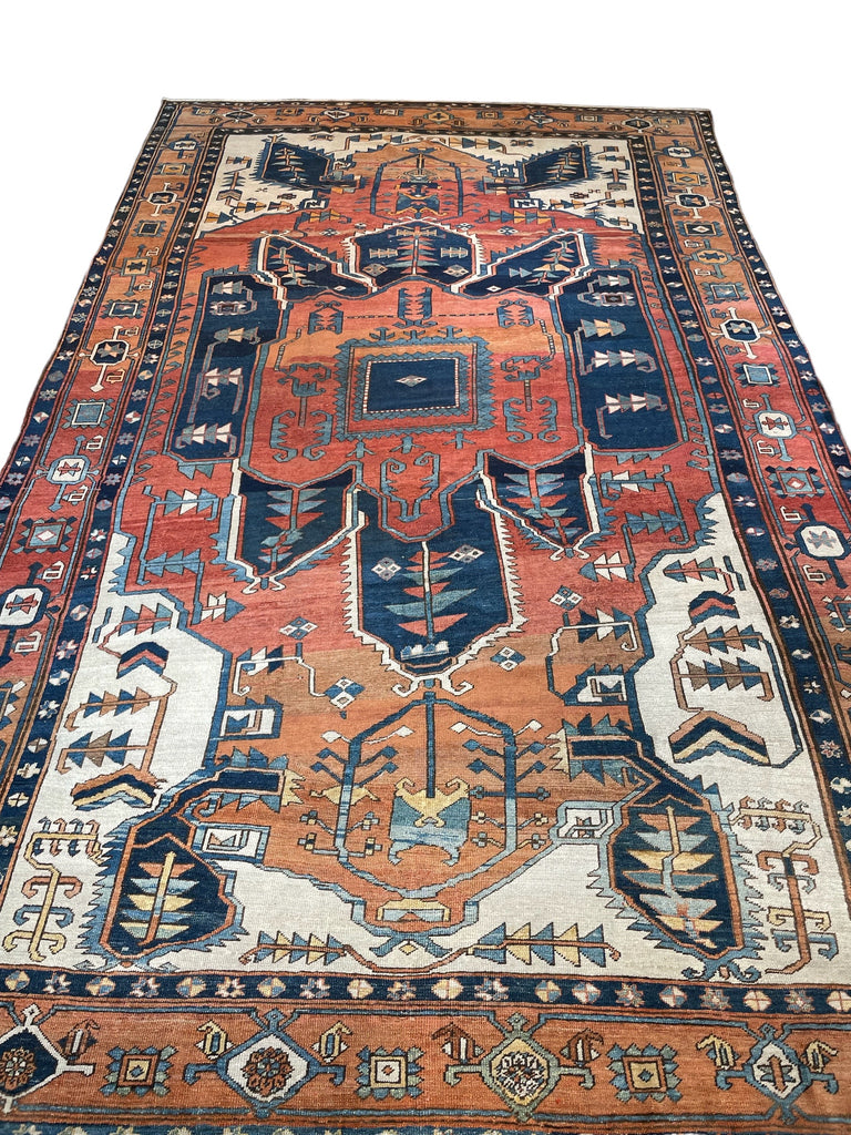 ASTONISHING Antique Persian Serapi 👑 KING of KINGS 👑  | World Class DIAMOND Textile in Terracotta, Sunset-Clay & Indigo | 9.8 x 16