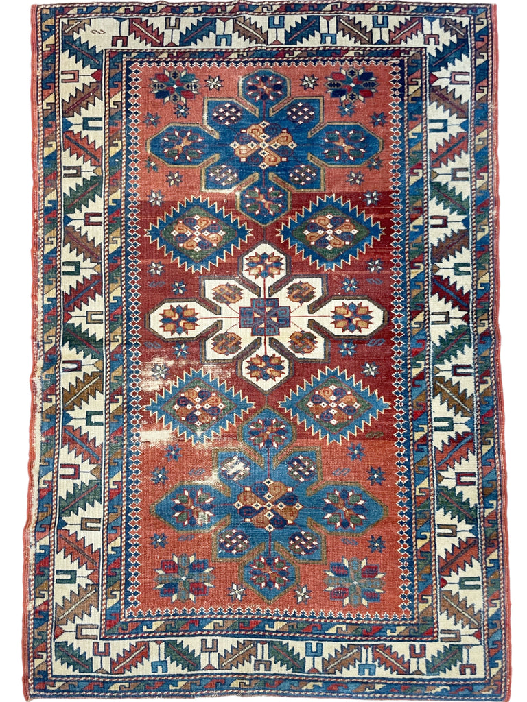 Tri-Medallion Antique Caucasian Kazak Rug | Rust & Strawberry Abrash | 3.2 x 5.5