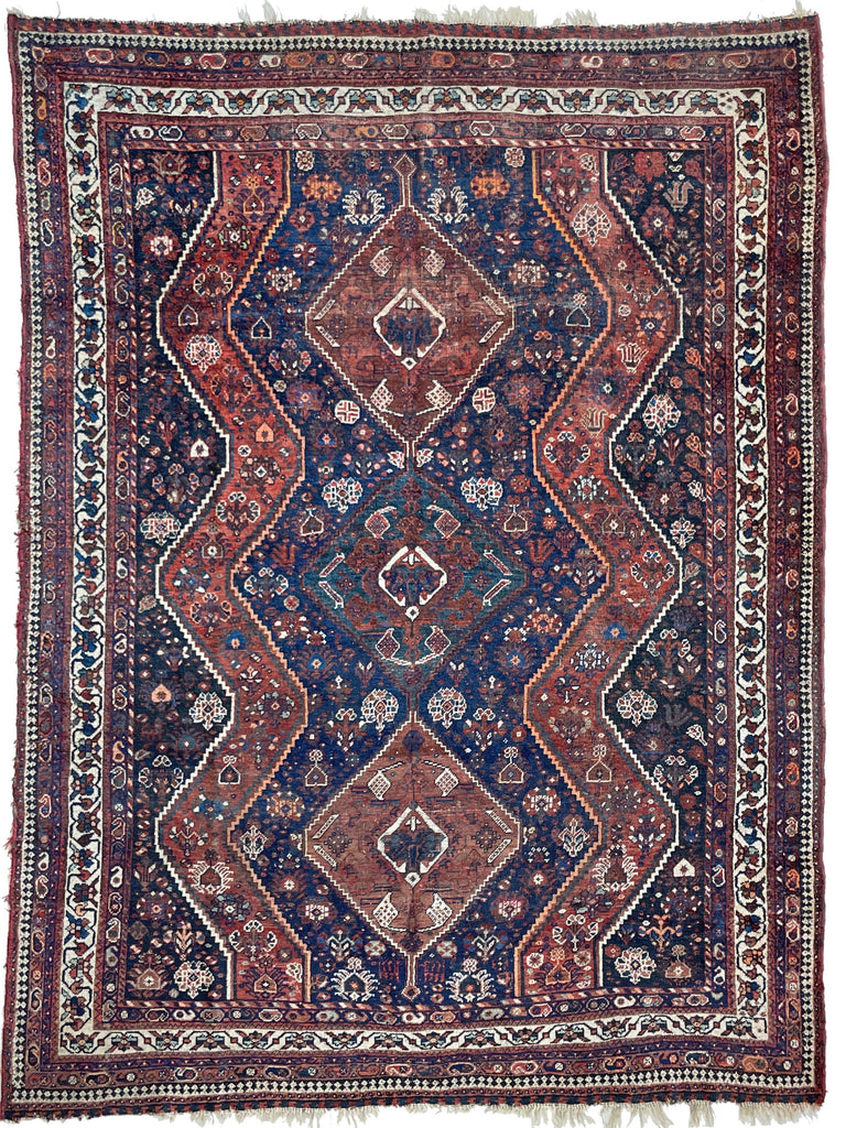 BEAUTIFUL Vintage Shiraz Rug | Copper, Clay, Navy with Deep Emerald Blue-Green Center Medallion | 7.3 x 9.10