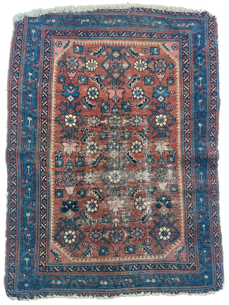 SOLD | FINE and Worn Antitque Tribal Senneh Mat | Mature Reds and Lovely Blues | 2.10 x 3.11