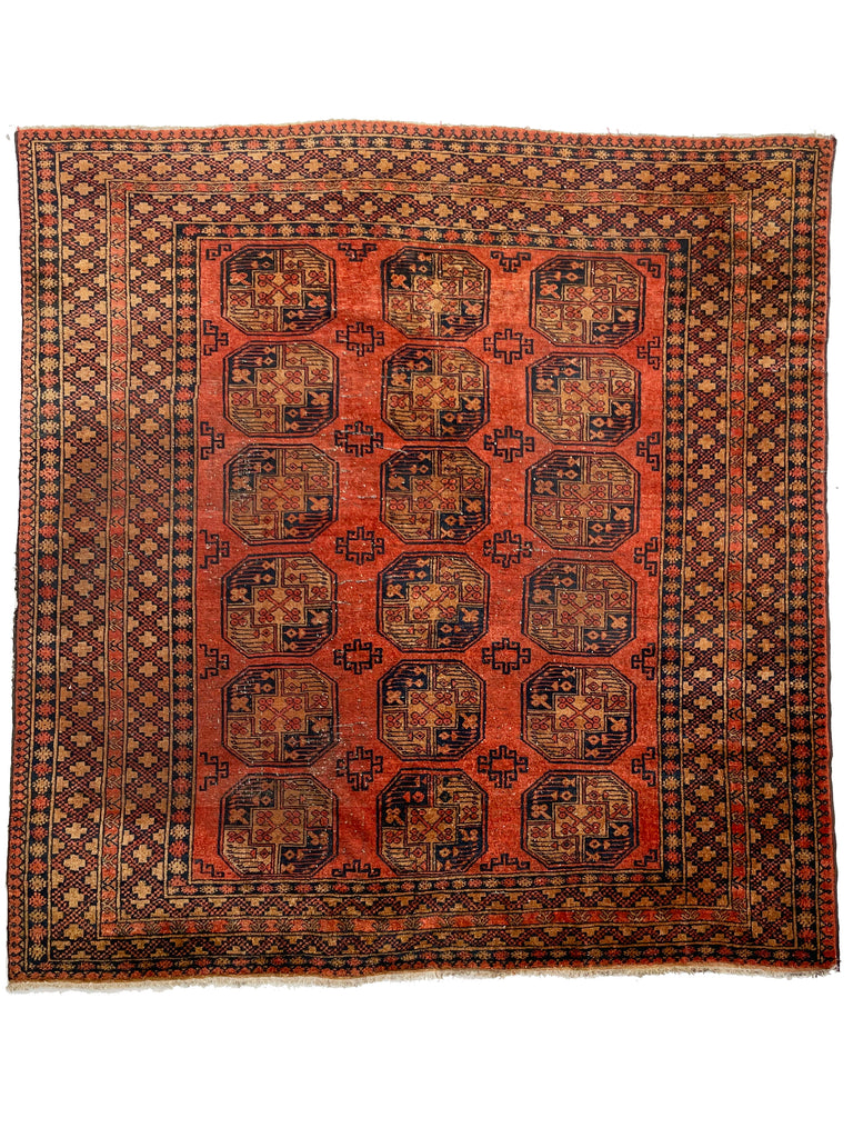 Unique SQUARE Antique Ersari | Burnt Orange, Copper, Rust, Camel & Indigo Elephant Tracks | 8.7 x 9.2