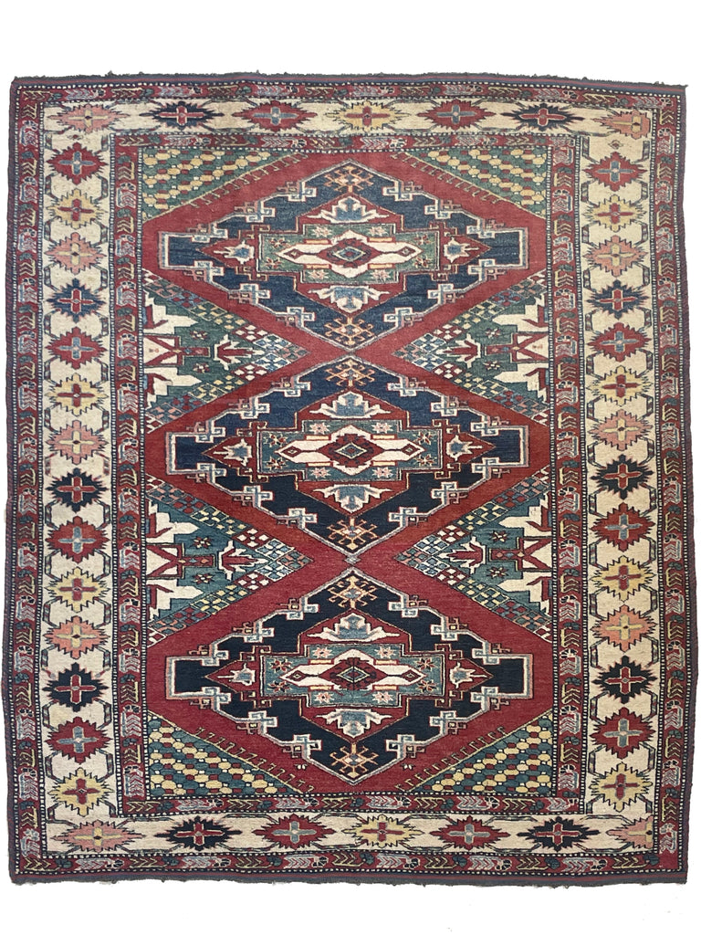 Unique SQUARE-ish Vintage Tribal Rug | Iconic Kazak Medallions with Lovely Greens & Yellows | ~ 6 x 6.9