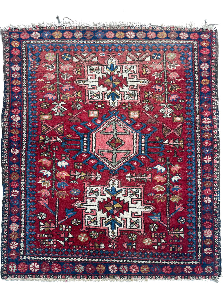 SQUARISH Vintage Persian Tribal Karaja | 2 Toned Reds | 3.6 x 4.6