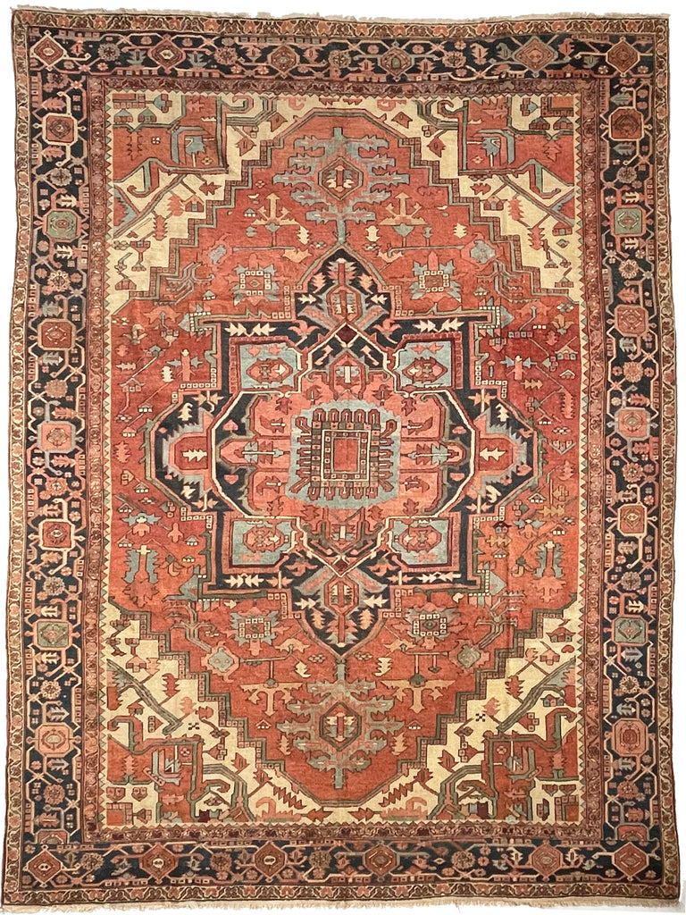 MINT CONDITION GORGEOUS Terracotta Ground with RARE Grassy Green & Ice Blue Antique Serapi-Heriz | 10.6 x 12.8