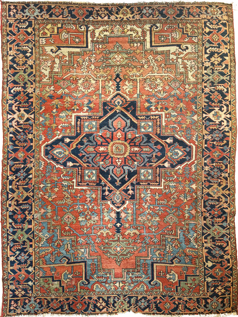 SOLD | EARTHY Craftsman Antique Heriz with TWO-TONED Finals | Lots of Blues & Greens | 9 x 11.6