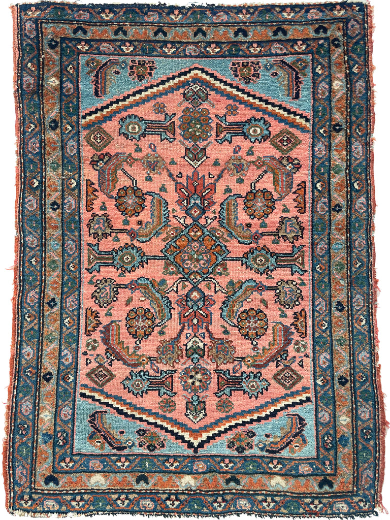 RESERVED FOR CHERI*** STUNNING Antique Hamadan Rug | Coral-Pink & Sky Blue Water Garden | 2.7 x 3.4