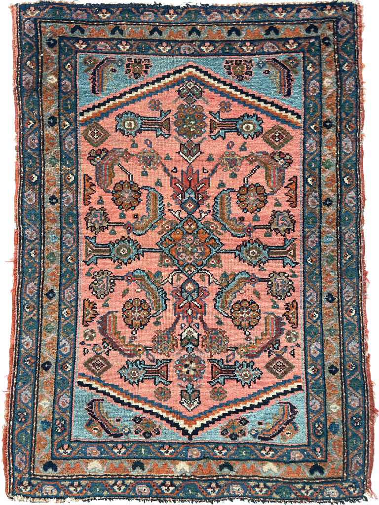 STUNNING Antique Hamadan Rug | Coral-Pink & Sky Blue Water Garden | 2.7 x 3.4