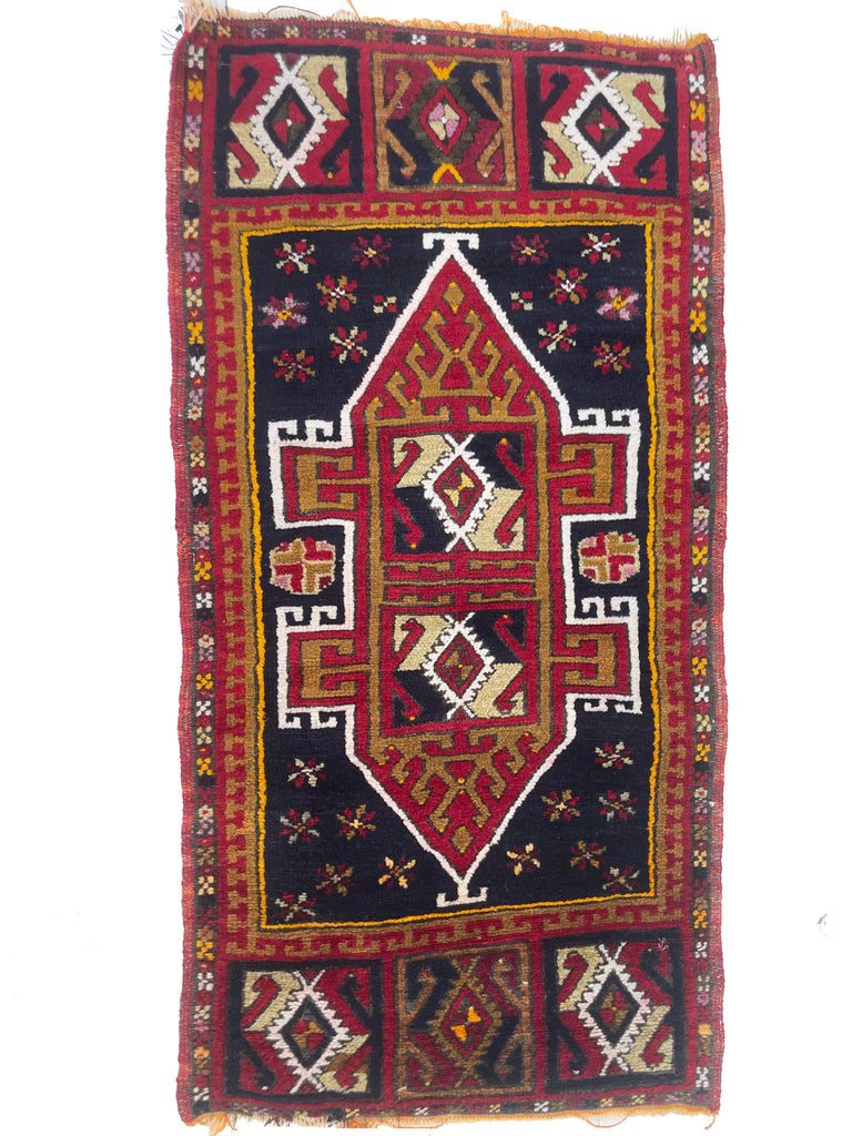 Vintage Rug | Small Vintage Afghan Mat Rug | Charcoal tangerine and cherry | 1.7 x 2.3