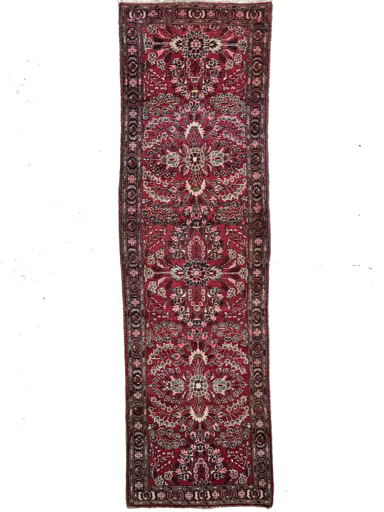 MINT Botanical Vintage Persian Sarouk Runner | Scarlet, Grey, Taupe, Rose, Walnut | 2.10 x 9.10