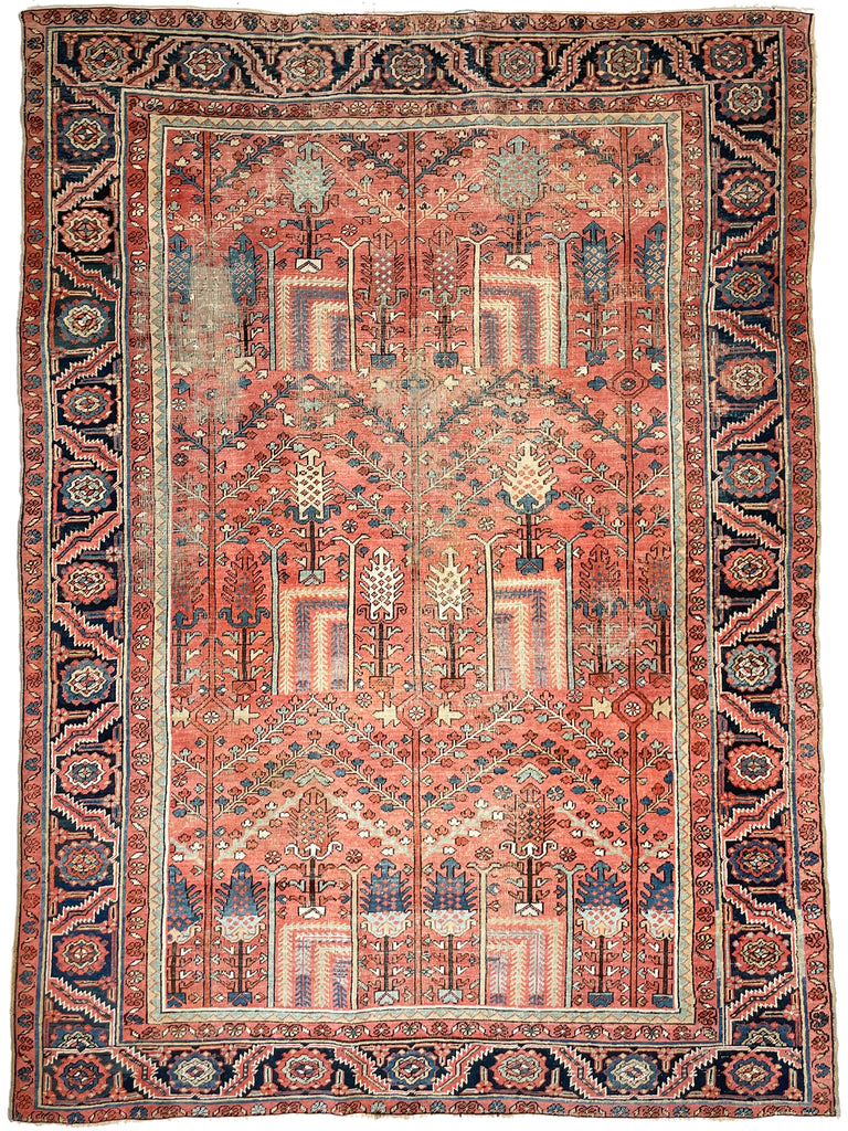 SOLD | RARE Collector's Willow Tree of Life Antique Persian Heriz Northwest Village Rug, C. 1915 | Salmon & Coral with Ice Blues and Teals | 9.5 x 12