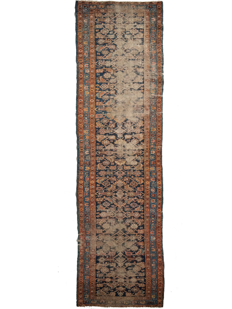 WORN Navy and Turmeric Heriz Runner in Water Garden Design | 2.9 x 12.8
