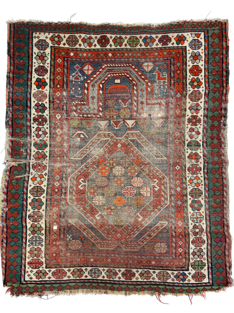 SOLD | WORN & BEAUTIFUL Blue & Green Antique Caucasian Prayer rug with Prayer Hands! | ~ 3 x 5