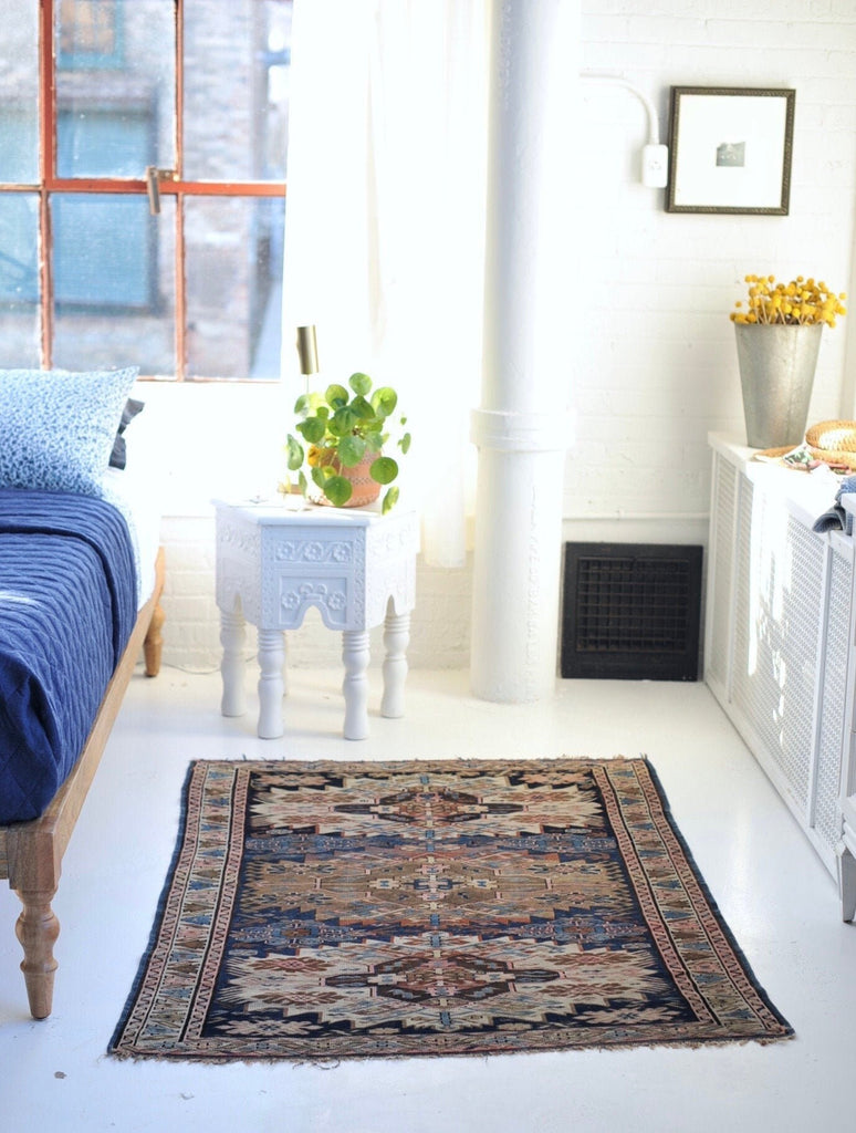 SOLD | High-End Antique Masterpiece Navy an Camel Caucasian Zewja Kuba Rug | 3.9 x 4.5