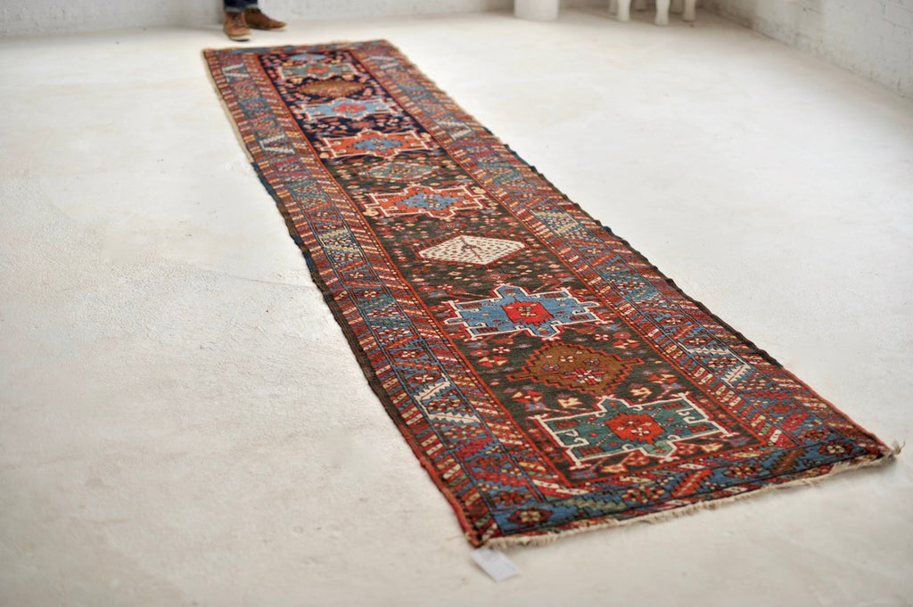 RARE Antique Northwest Runner | Smokey Blackish-Blue Ground with Teals, Blues, Emerald Greens | 3 x 13.10