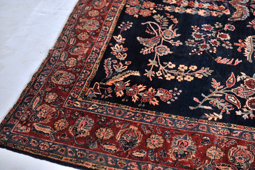 MOODY RALPH LAUREN Vibe Antique Sarouk | Botanical Velvety Wool with Deep Navy & Rich Red | 9.3 x 12.2