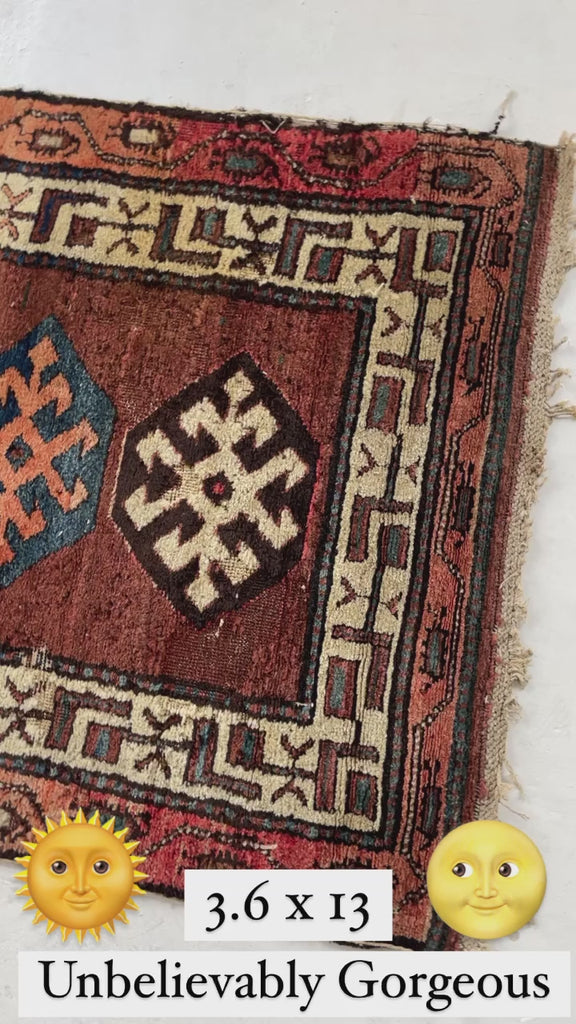 UNIMAGINABLY BEAUTIFUL Antique Kurdish-Kazak Geometric Motifs | Rust, Emerald, Charcoal, Peacock Blue etc | 3.6 x 13