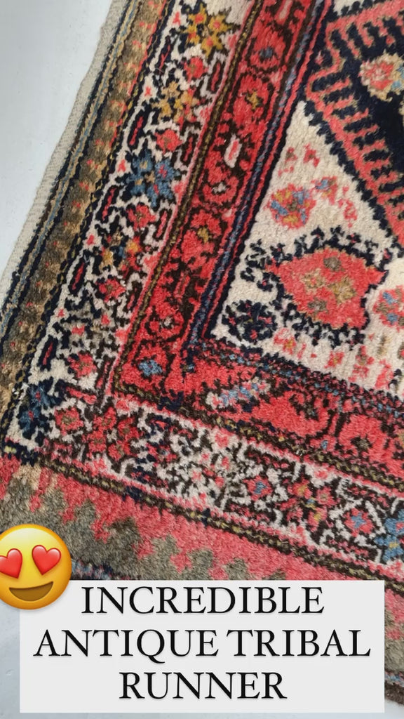 JAW-DROPPING Antique Runner Persian Malayer | Earthy Olive, Crocodile, Pear, & Moss GREEN, Charcoal, Tangerine | 3.7 x 14.9