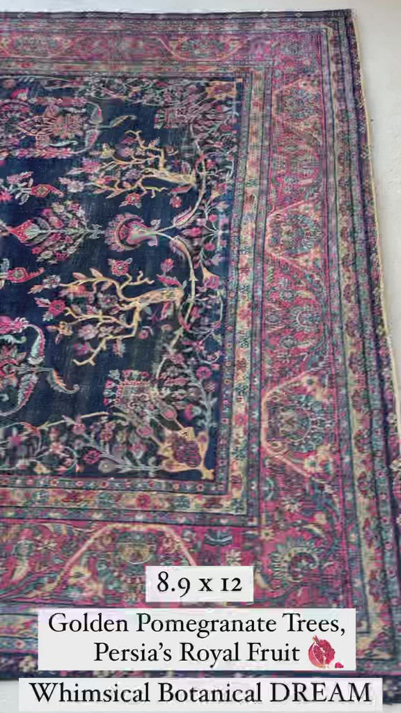 SOLD | MAJESTIC Antique Persian Yazd | Golden-Saffron Pomegranate Trees with Aubergine, Indigo, Berry | 8.9 x 12