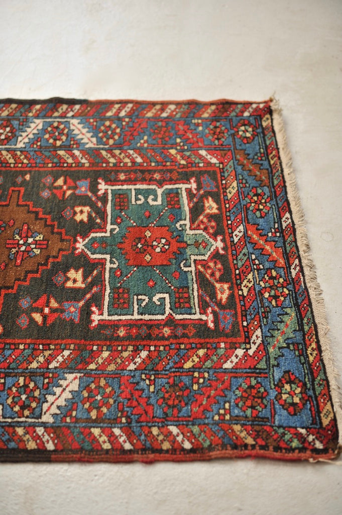 RARE Antique Northwest Runner | Smokey Blackish-Blue Ground with Teals, Blues, Emerald Greens | 3 x 13.10